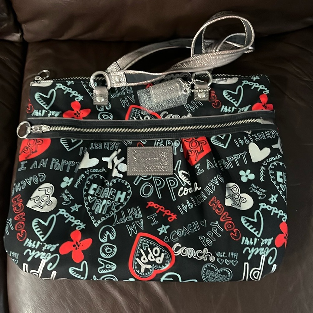 Coach Poppy purse, medium size, black, red, silver